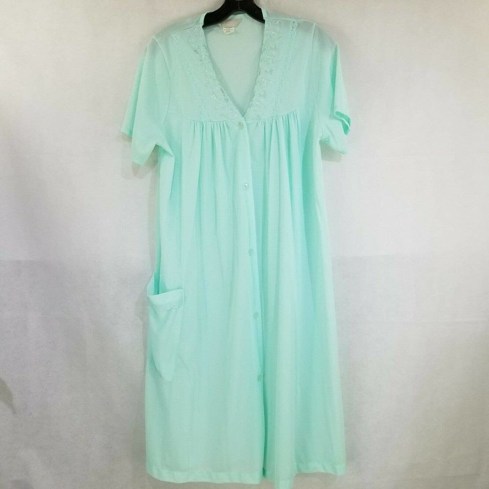 Vintage Danni Robe House Coat Size M Pastel Green Embroidery Sheer Lingerie